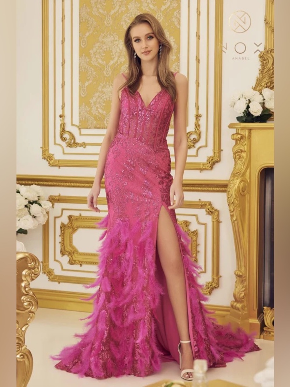 Nox Anabel C1119 - Feather Fringed Evening Dress, Prom, Pink